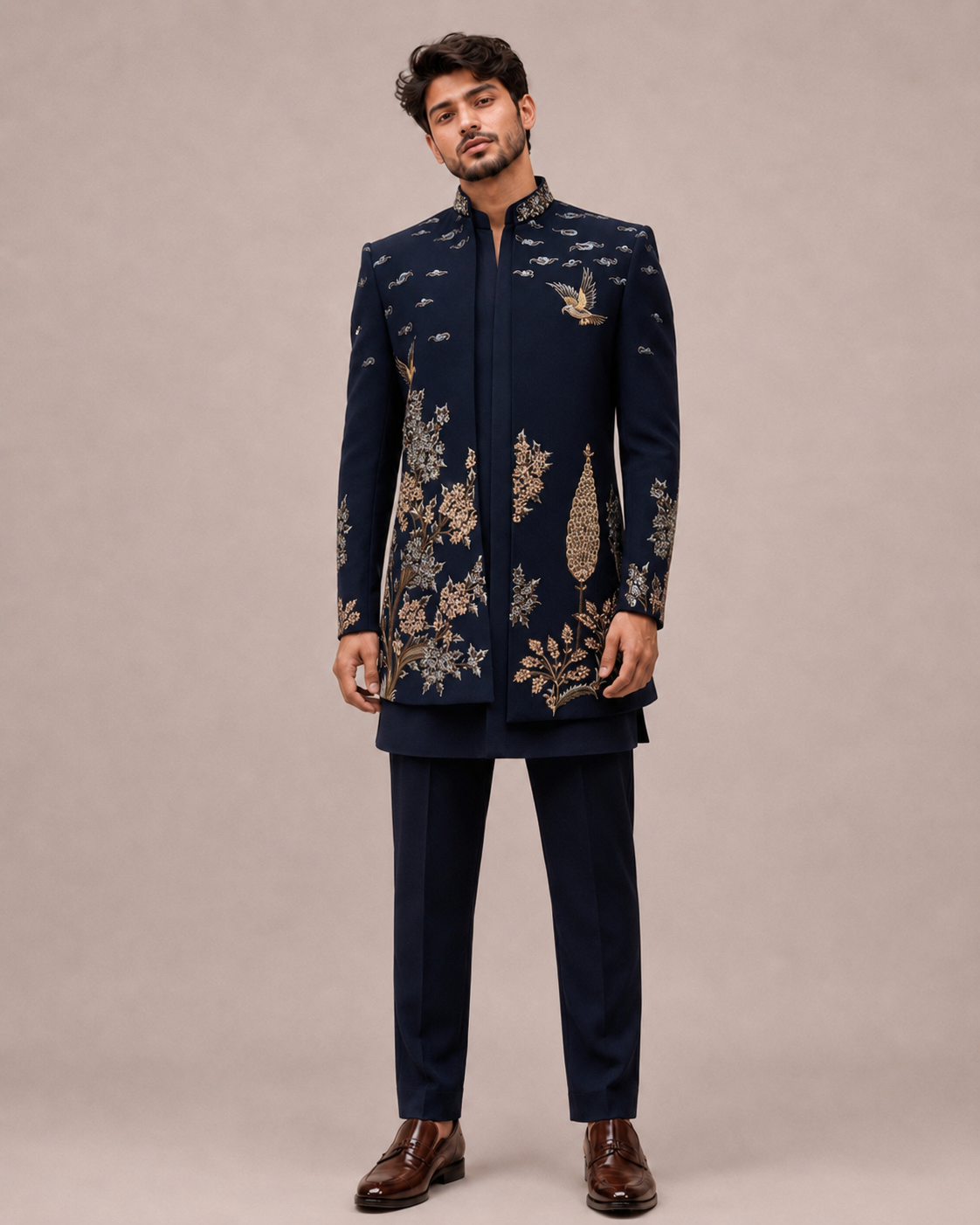 Navy Blue Korean Fabric Indo Western with Hand and Machine Embroidery Work
