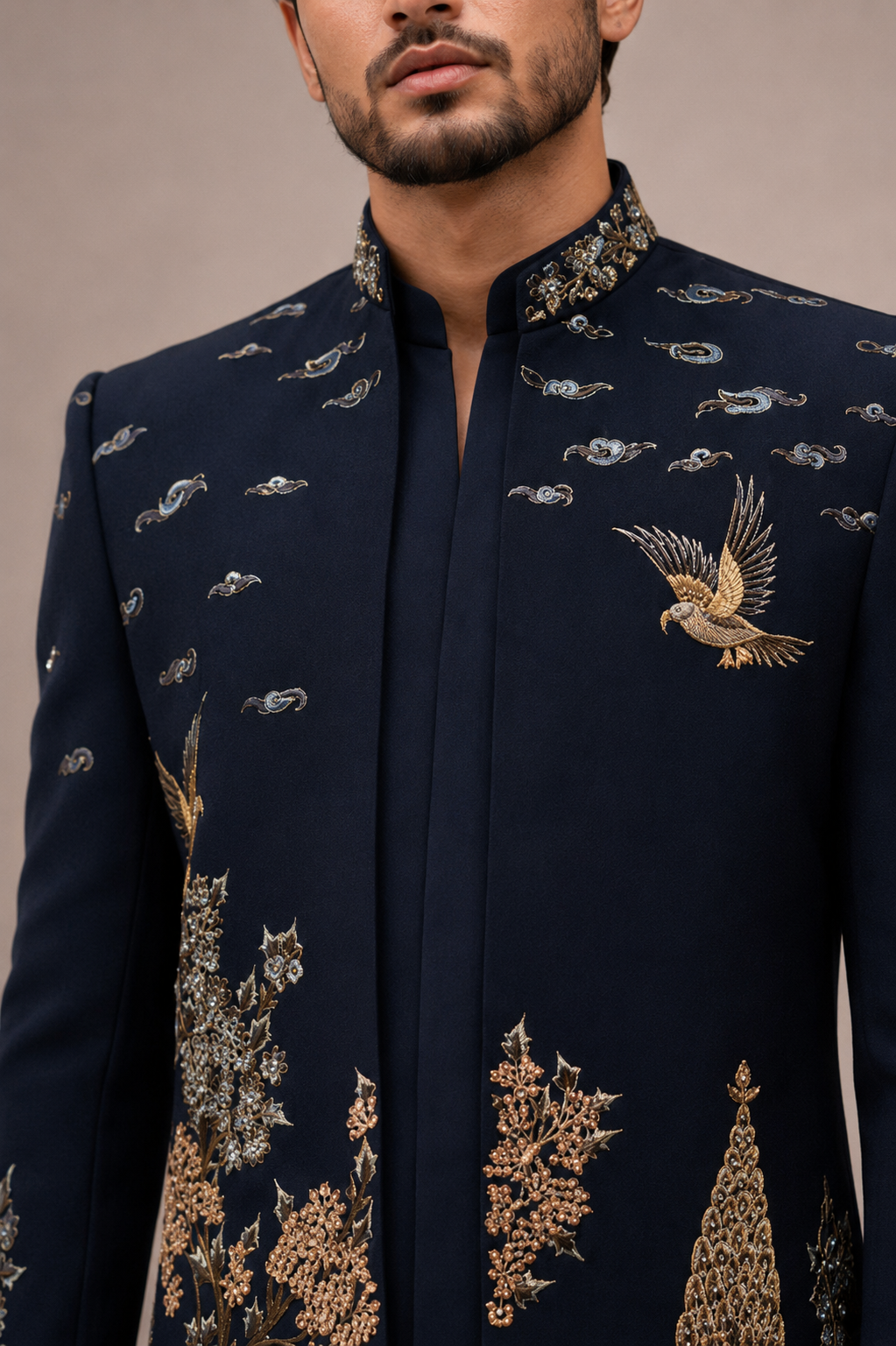Navy Blue Korean Fabric Indo Western with Hand and Machine Embroidery Work