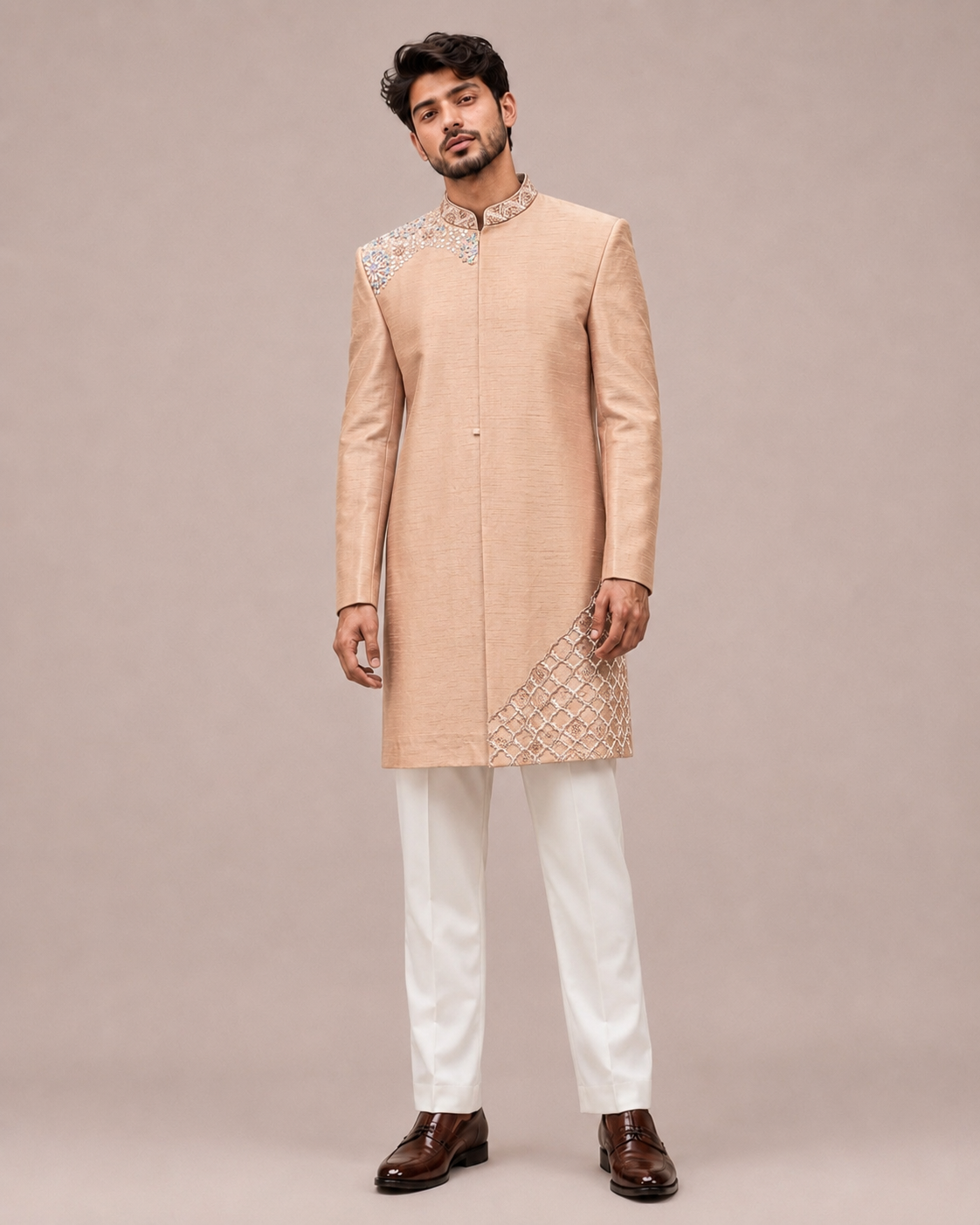 Peach Slub Silk Indo Western with Hand Work