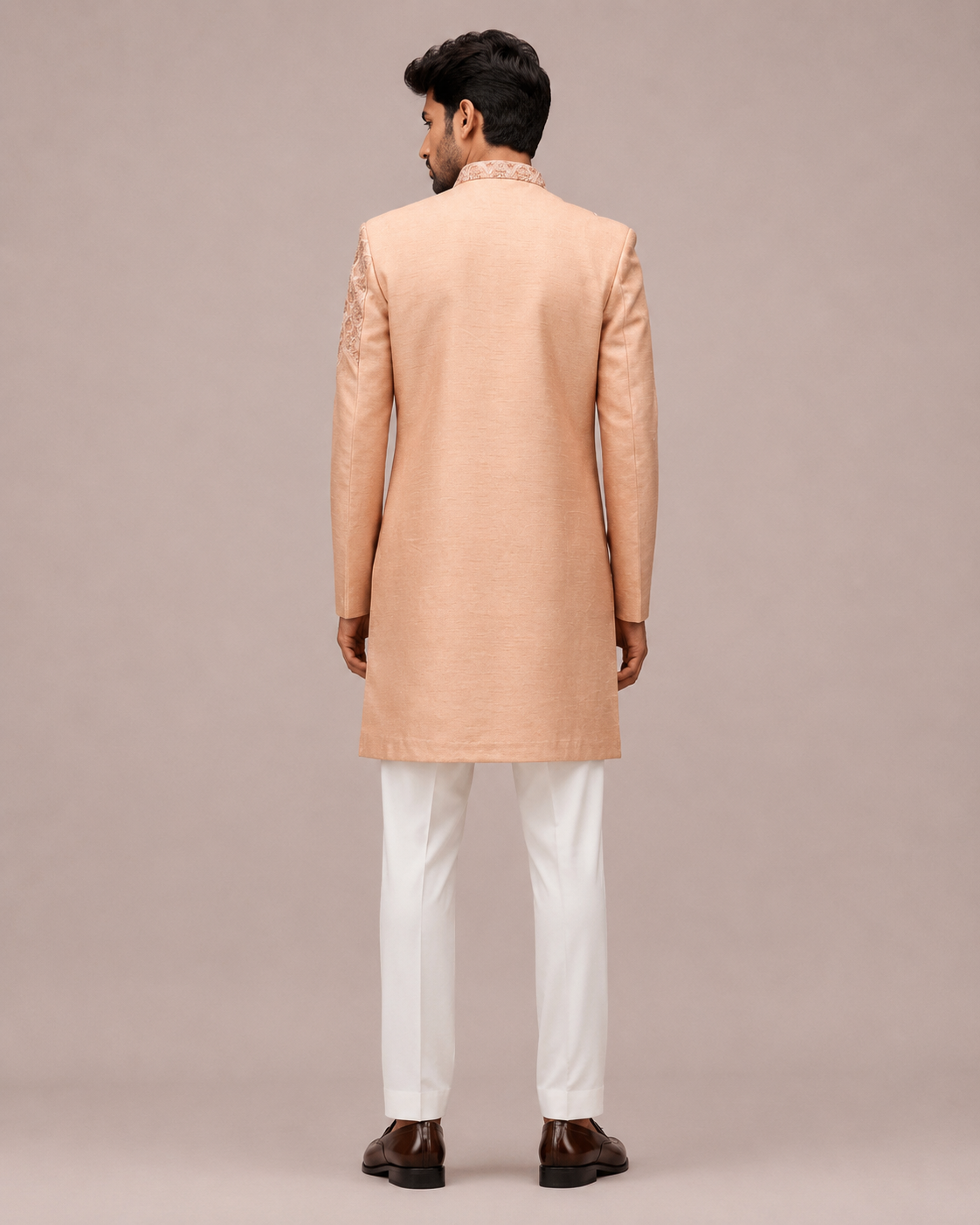 Peach Slub Silk Indo Western with Hand Work