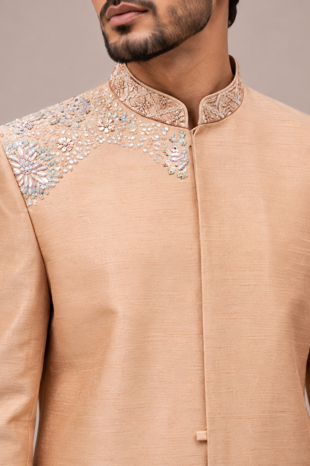 Peach Slub Silk Indo Western with Hand Work