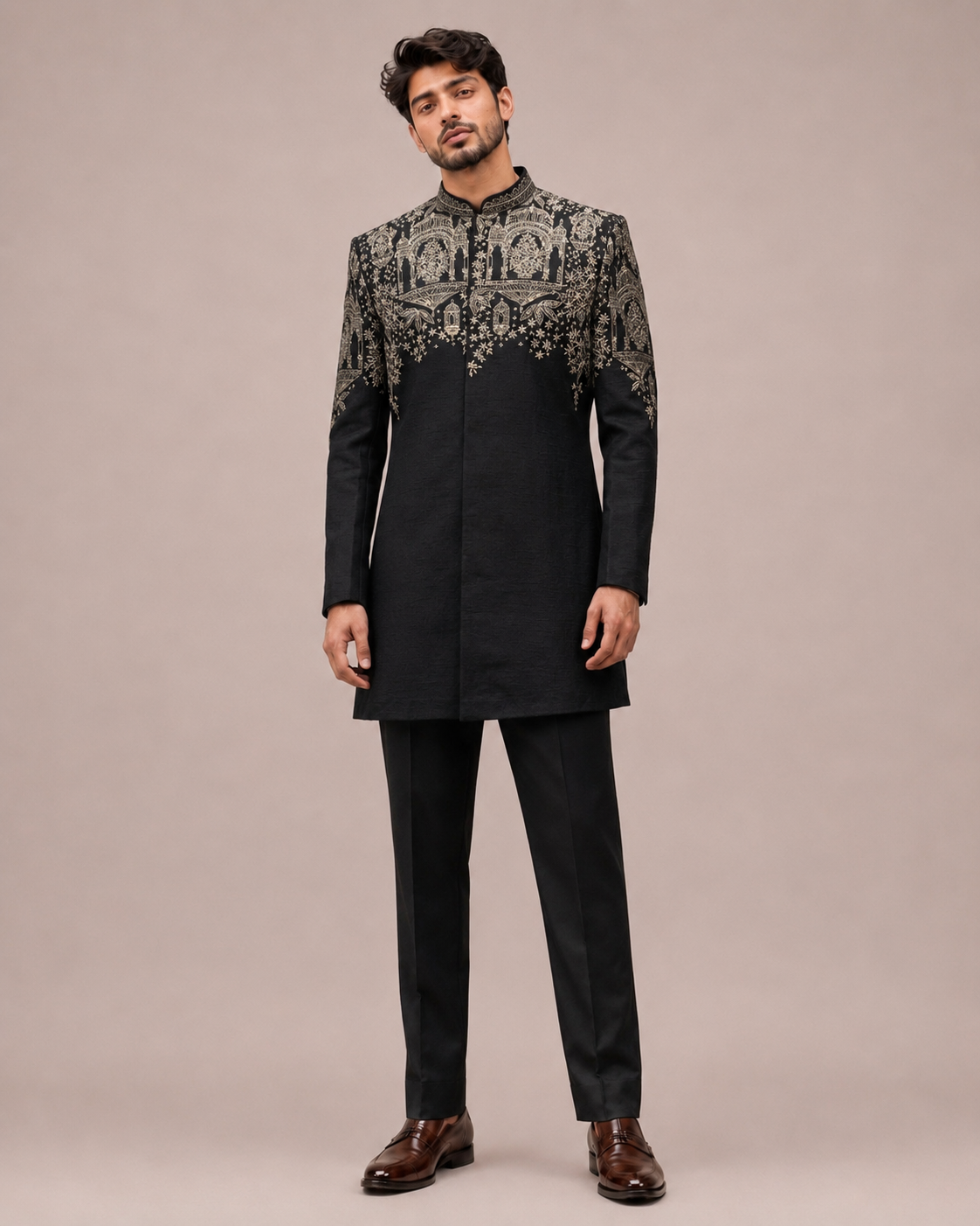 Black Slub Silk Indo Western for Men with Hand Work