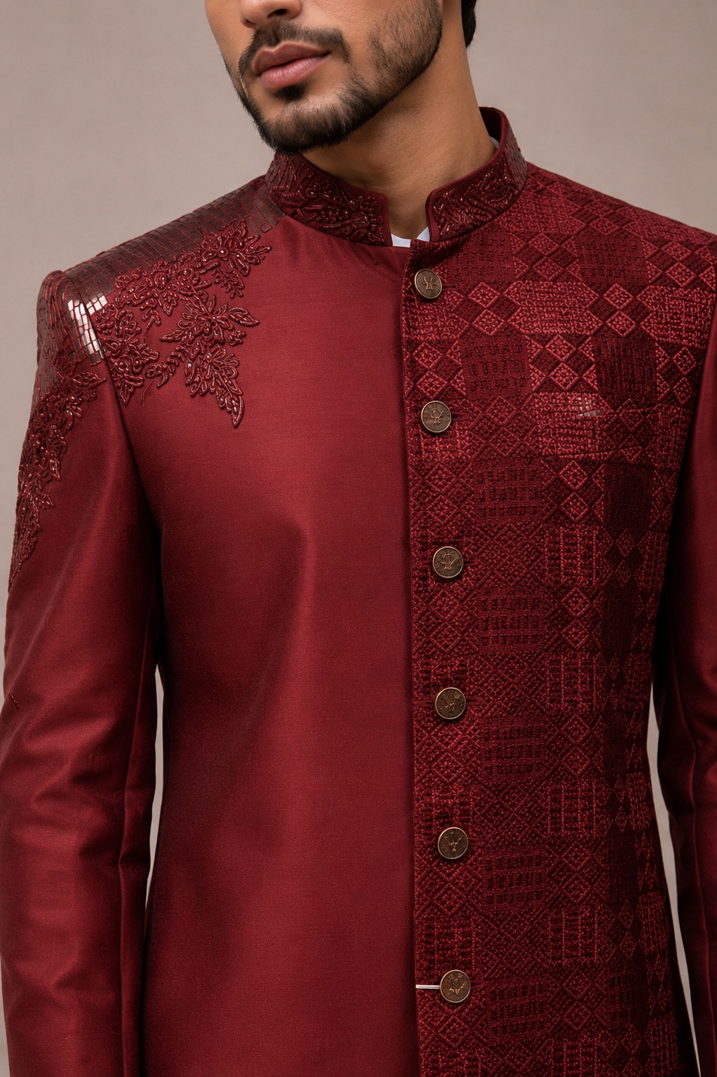 Red Raw Silk Indo Western for Men with Hand Cutdana Work