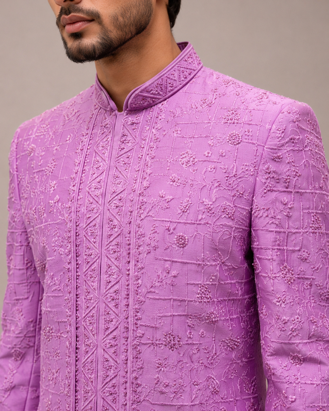 Lavender Raw Silk Indo Western with Hand and Machine Embroidery Work