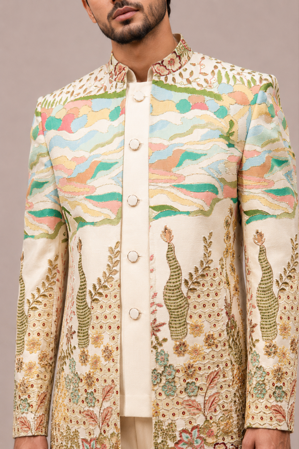 Cream Silk Open Indo Western with Computer Embroidery Work