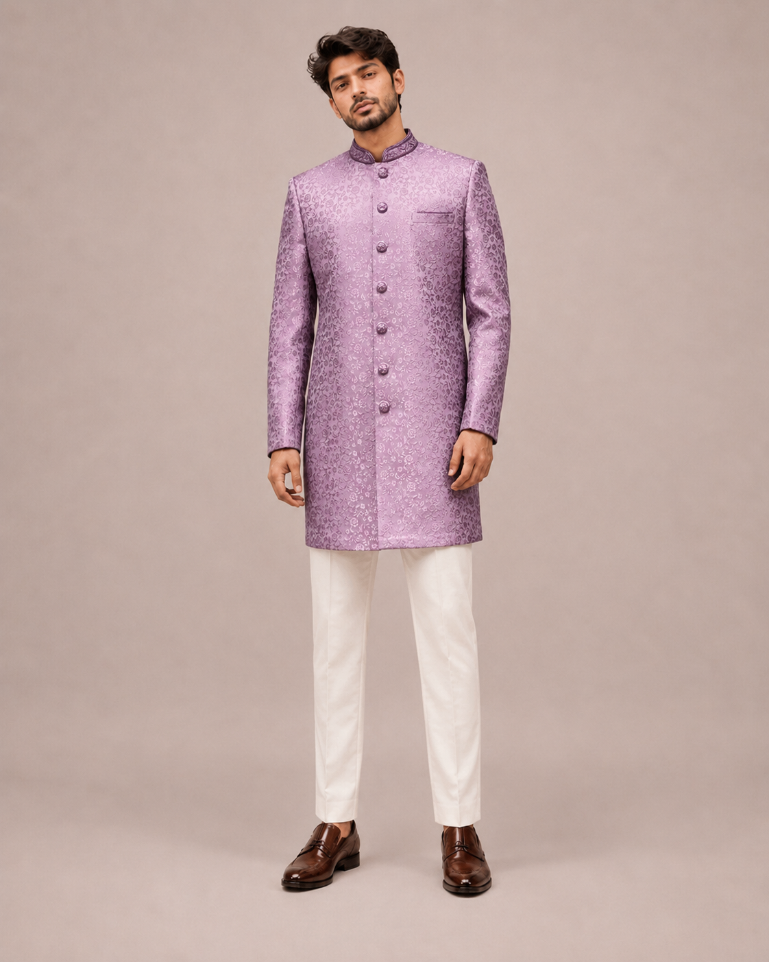 Light Purple Jacquard Silk Indo Western for Men with All Over Print