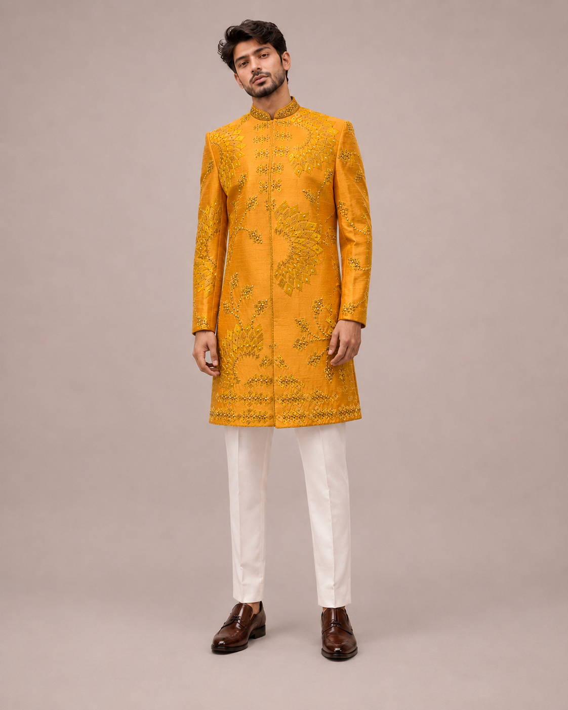 Yellow Silk Indo Western for Men with Machine and Hand Embroidery Work