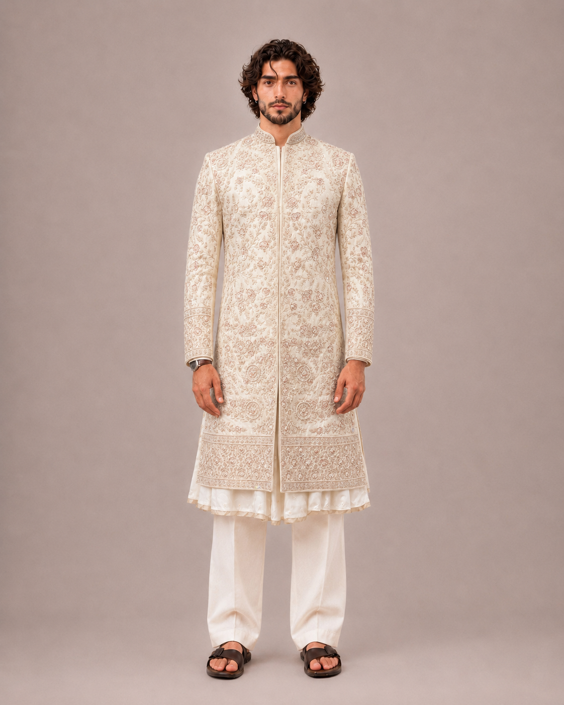 Cream Raw Silk Sherwani with Zardozi Hand Work