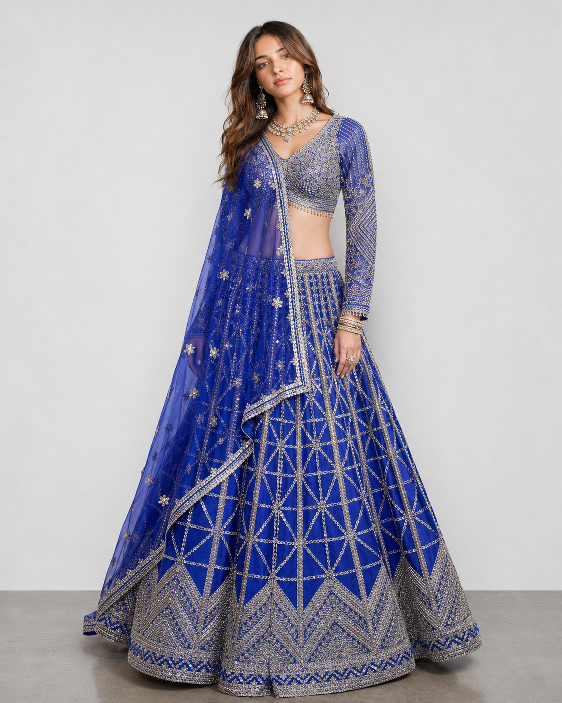 Royal Blue Raw Silk Lehenga Choli with Kundan Miral Pyor Work