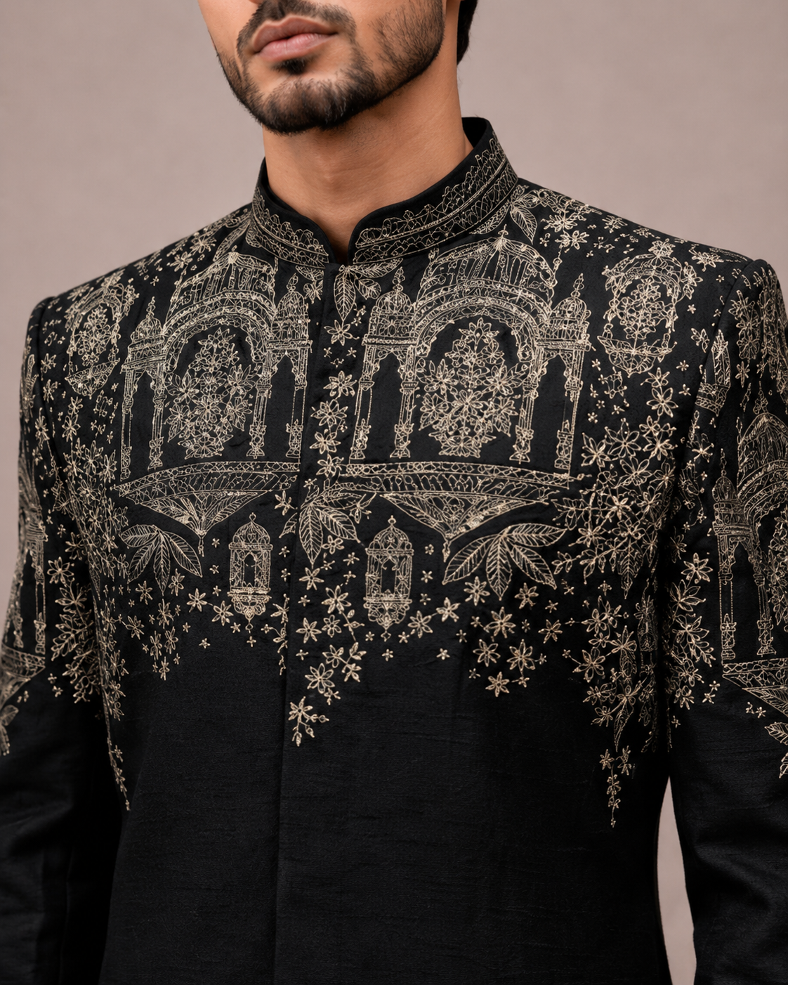 Black Slub Silk Indo Western for Men with Hand Work