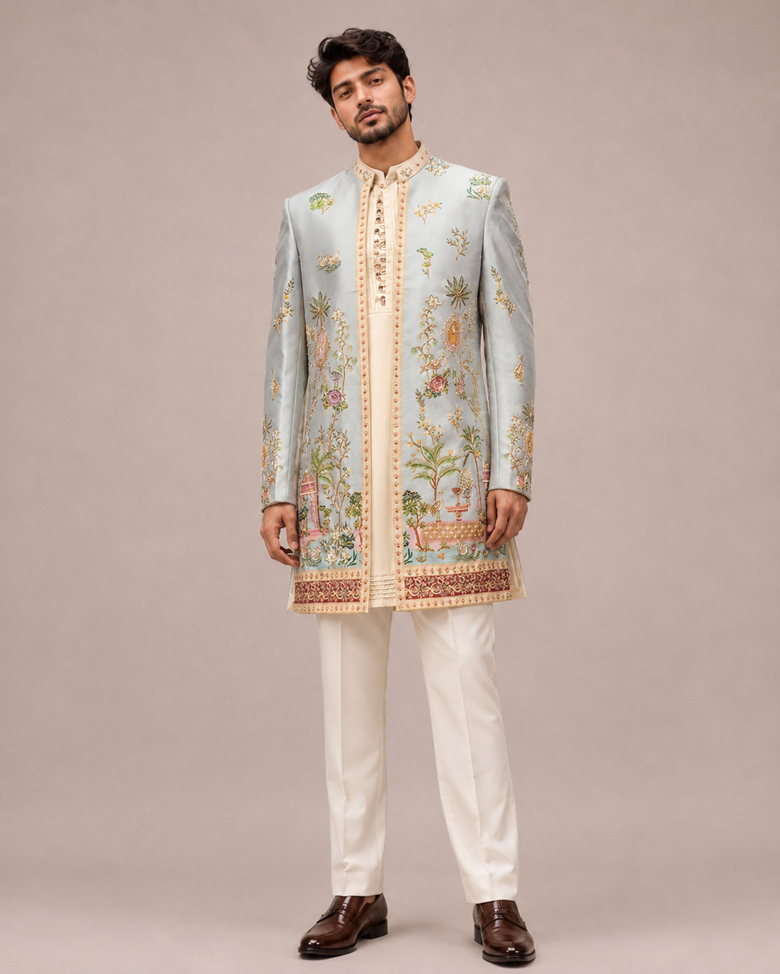 Gray Silk Indo Western for Men with Hand Print and Hand Work