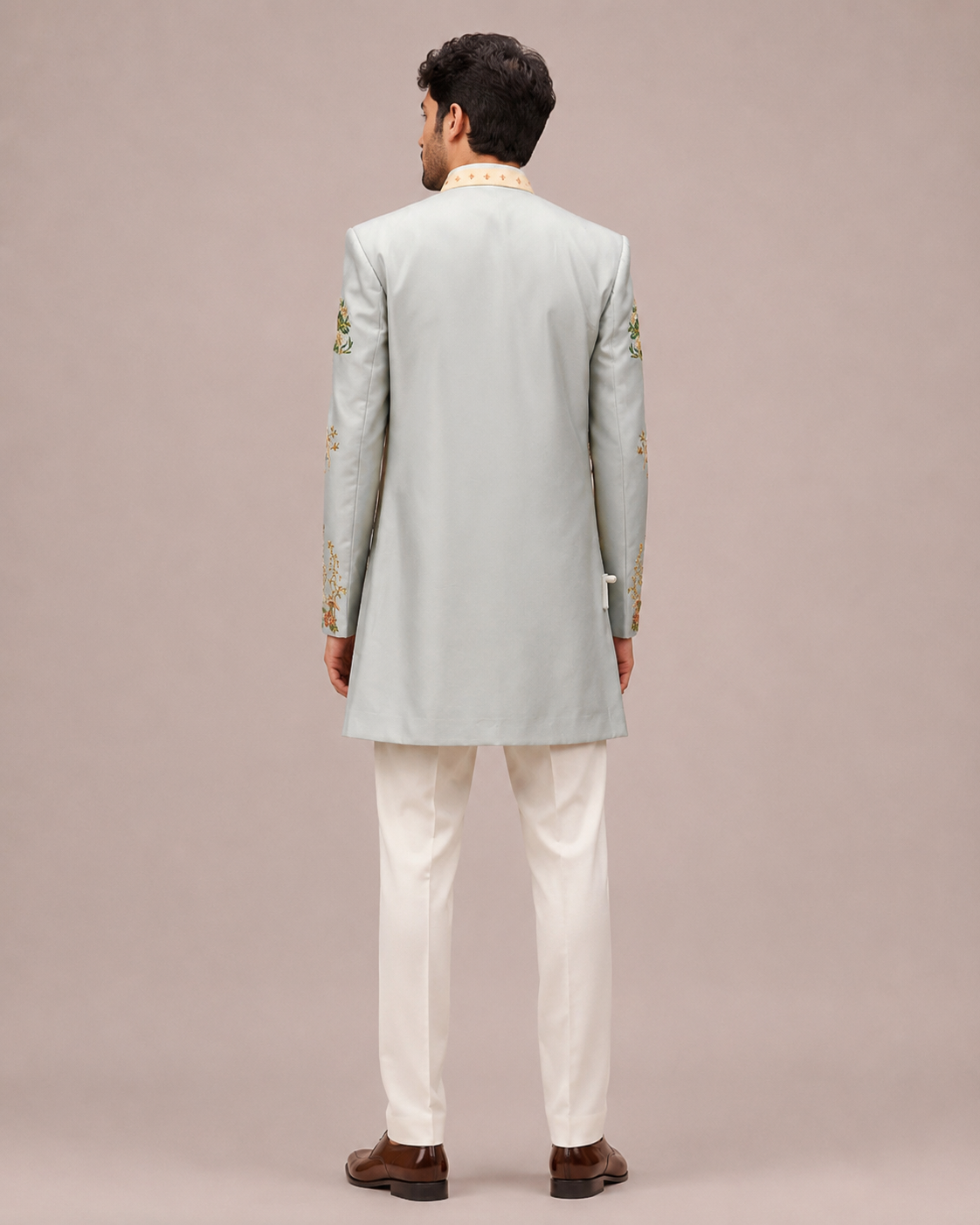 Gray Silk Indo Western for Men with Hand Print and Hand Work