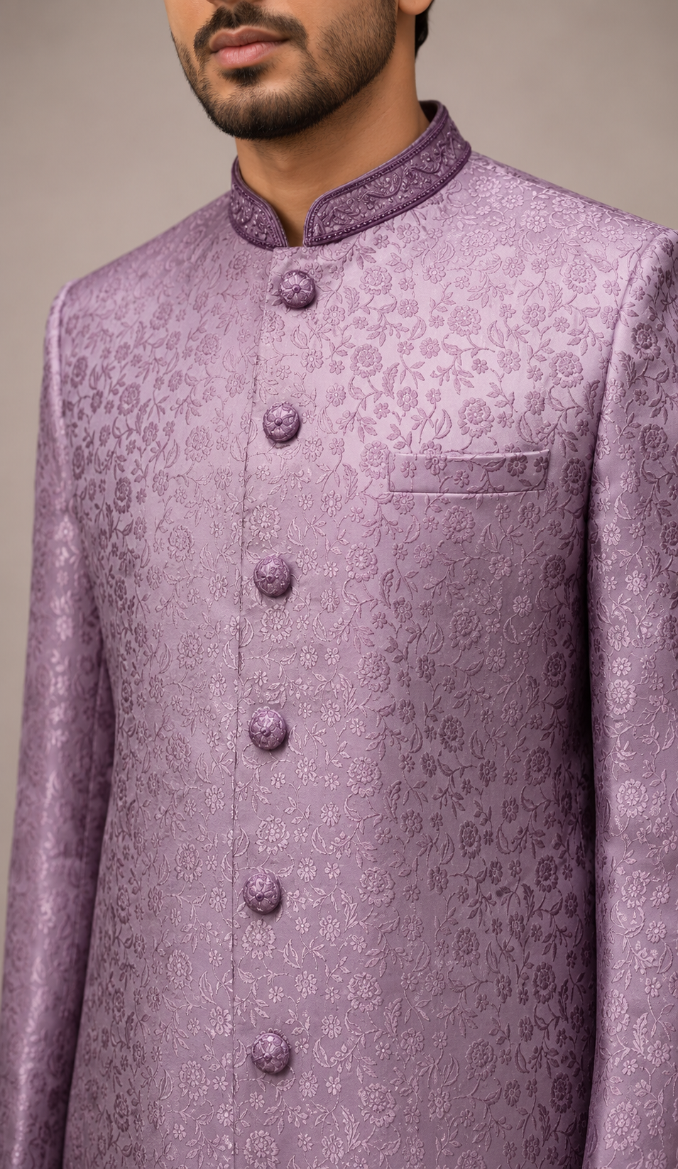 Light Purple Jacquard Silk Indo Western for Men with All Over Print