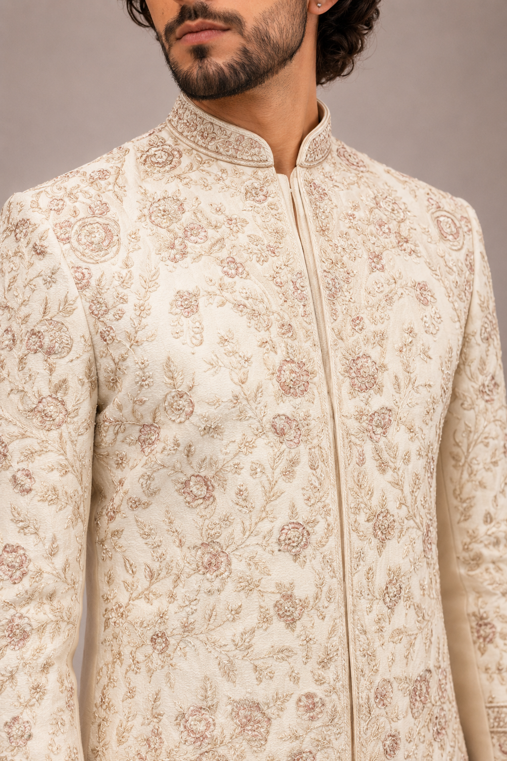Cream Raw Silk Sherwani with Zardozi Hand Work