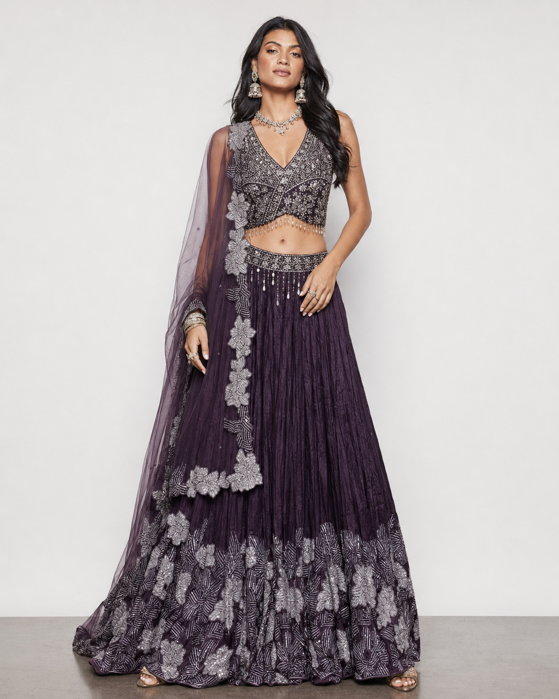 Coffee Chiffon Silk Choli with Diamond Moti Kardana and Sequins Work