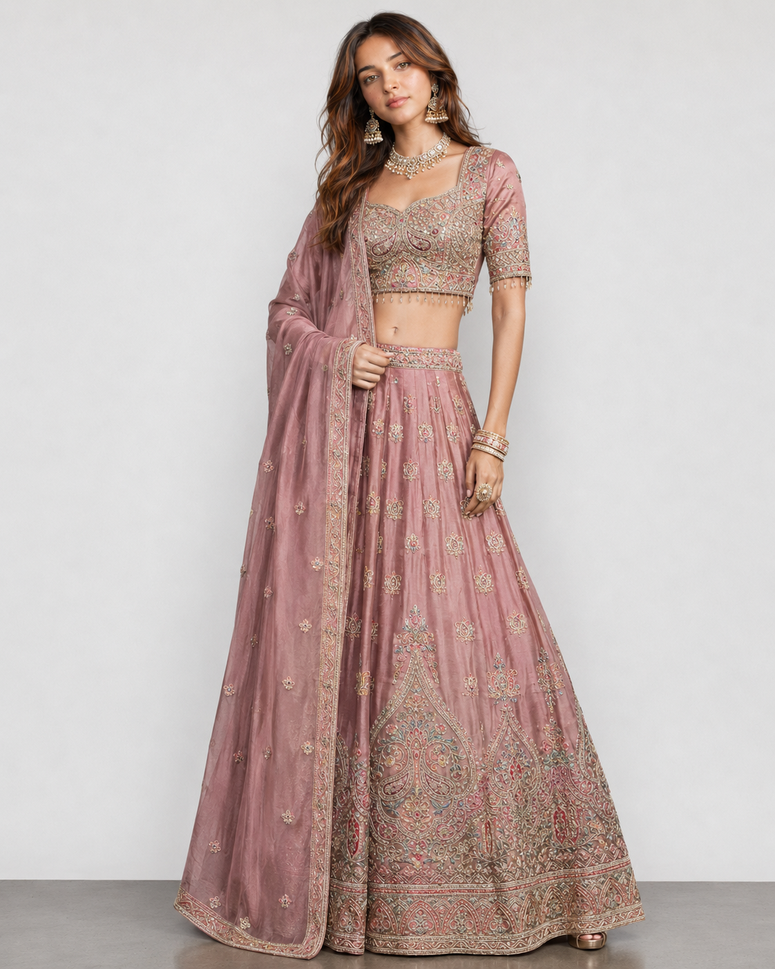 Copper Tissue Silk Lehenga Choli with Resham, Sicon and Multi Work