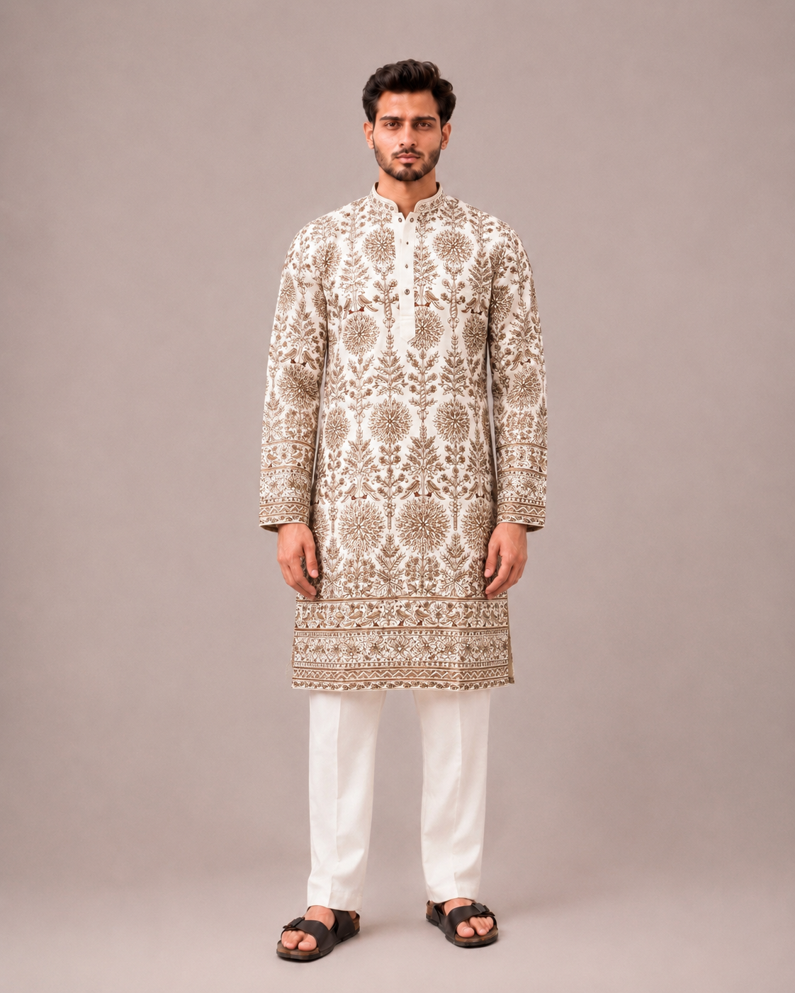 Cream Chiffon Kurta Set with Hand and Machine Embroidery Work