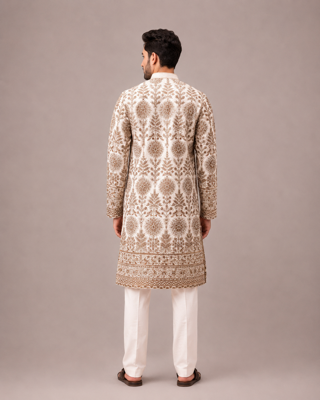 Cream Chiffon Kurta Set with Hand and Machine Embroidery Work