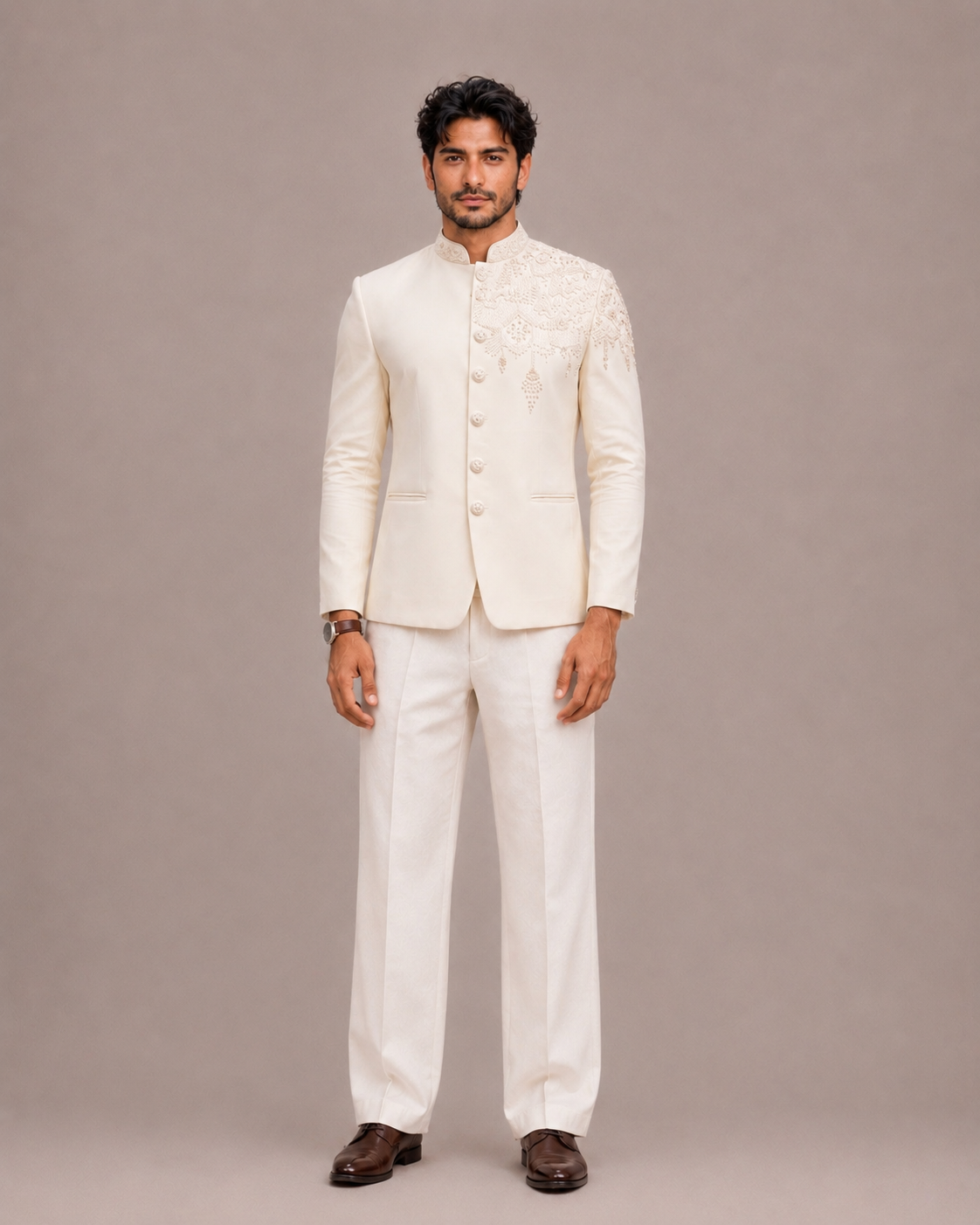 Cream Italian Fabric Jodhpuri Set with Hand Embroidery Work
