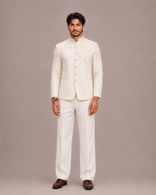Cream Italian Fabric Jodhpuri Set with Hand Embroidery Work