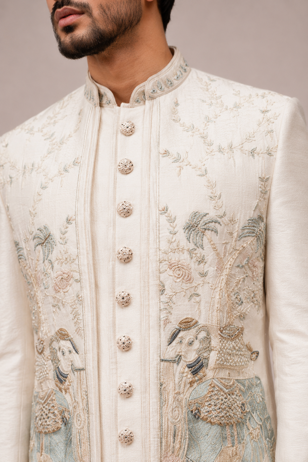 Cream Micro Silk Indo Western for Men with Hand Work