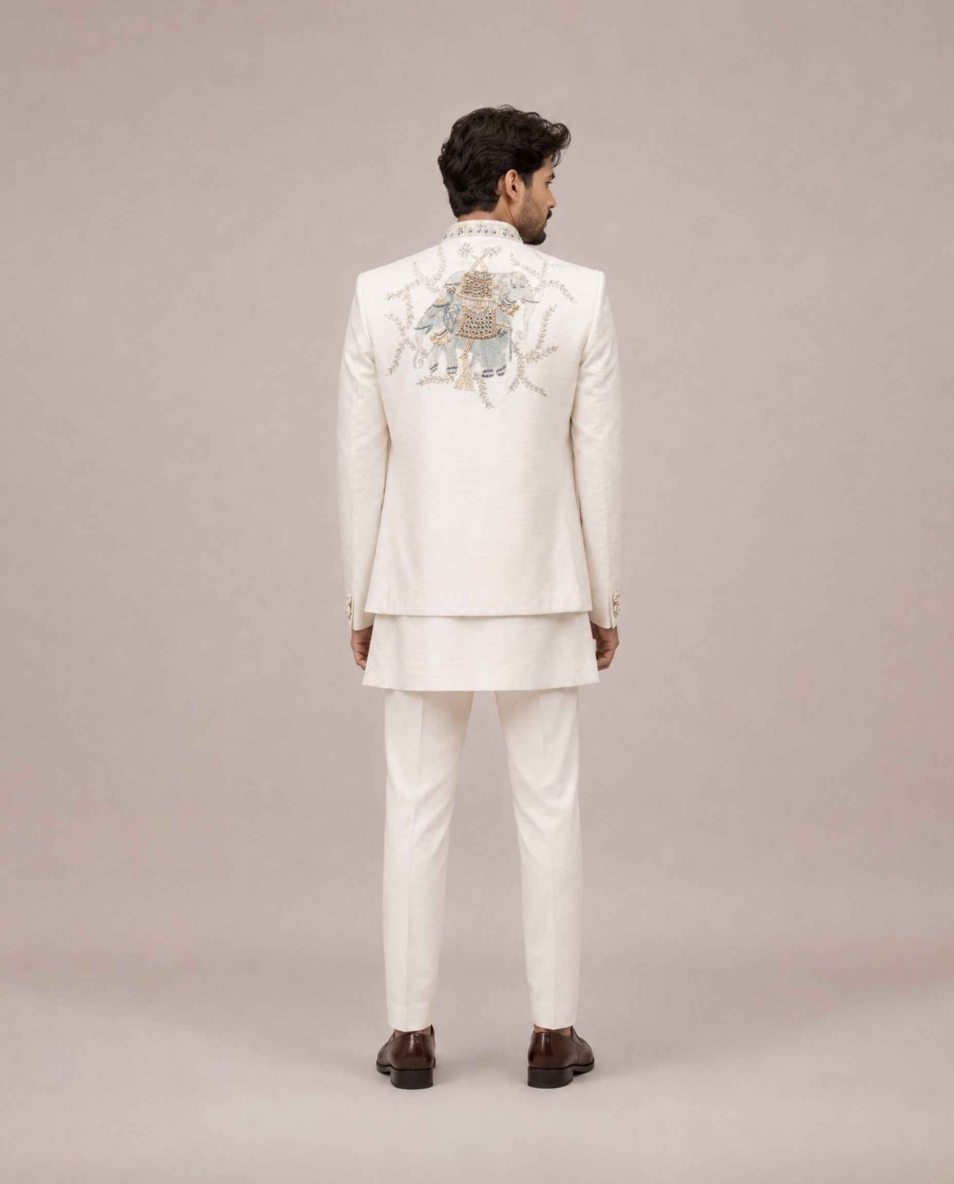 Cream Micro Silk Indo Western for Men with Hand Work