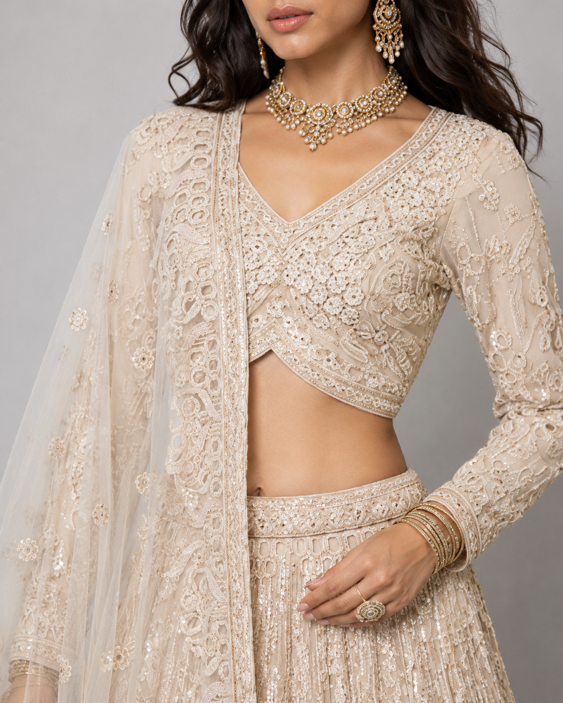 Cream Net Lehenga Choli with Moti, Kardana, Sicon and Cutwork