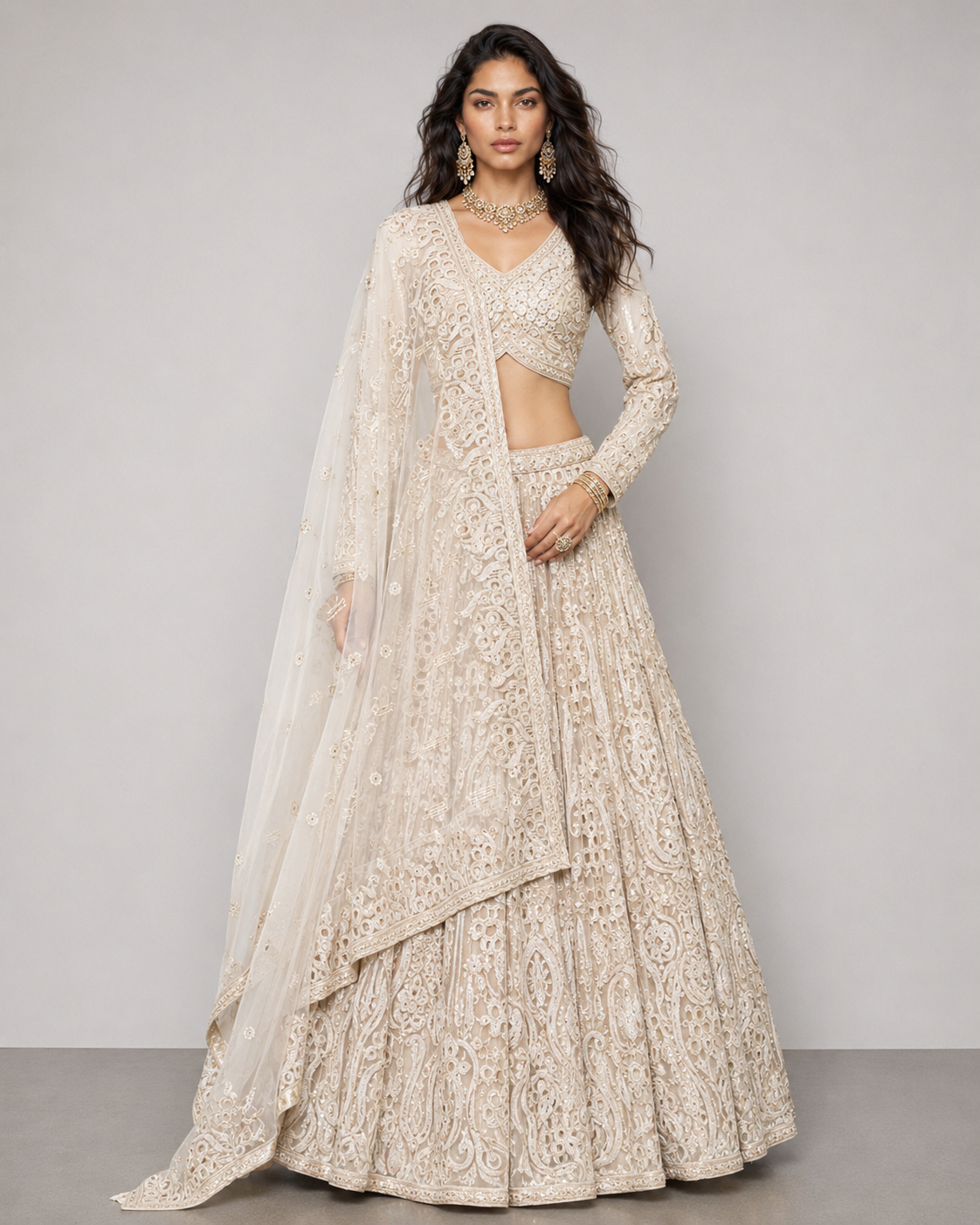 Cream Net Lehenga Choli with Moti, Kardana, Sicon and Cutwork