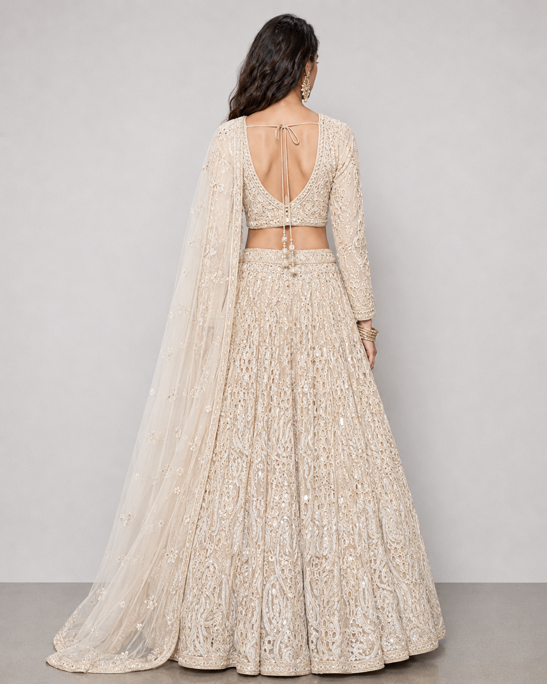 Cream Net Lehenga Choli with Moti, Kardana, Sicon and Cutwork
