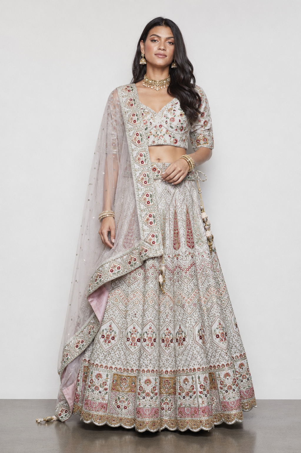 Cream Pure Raw Silk Bridal Lehenga Choli with Resham, Sicon and Kardana Work