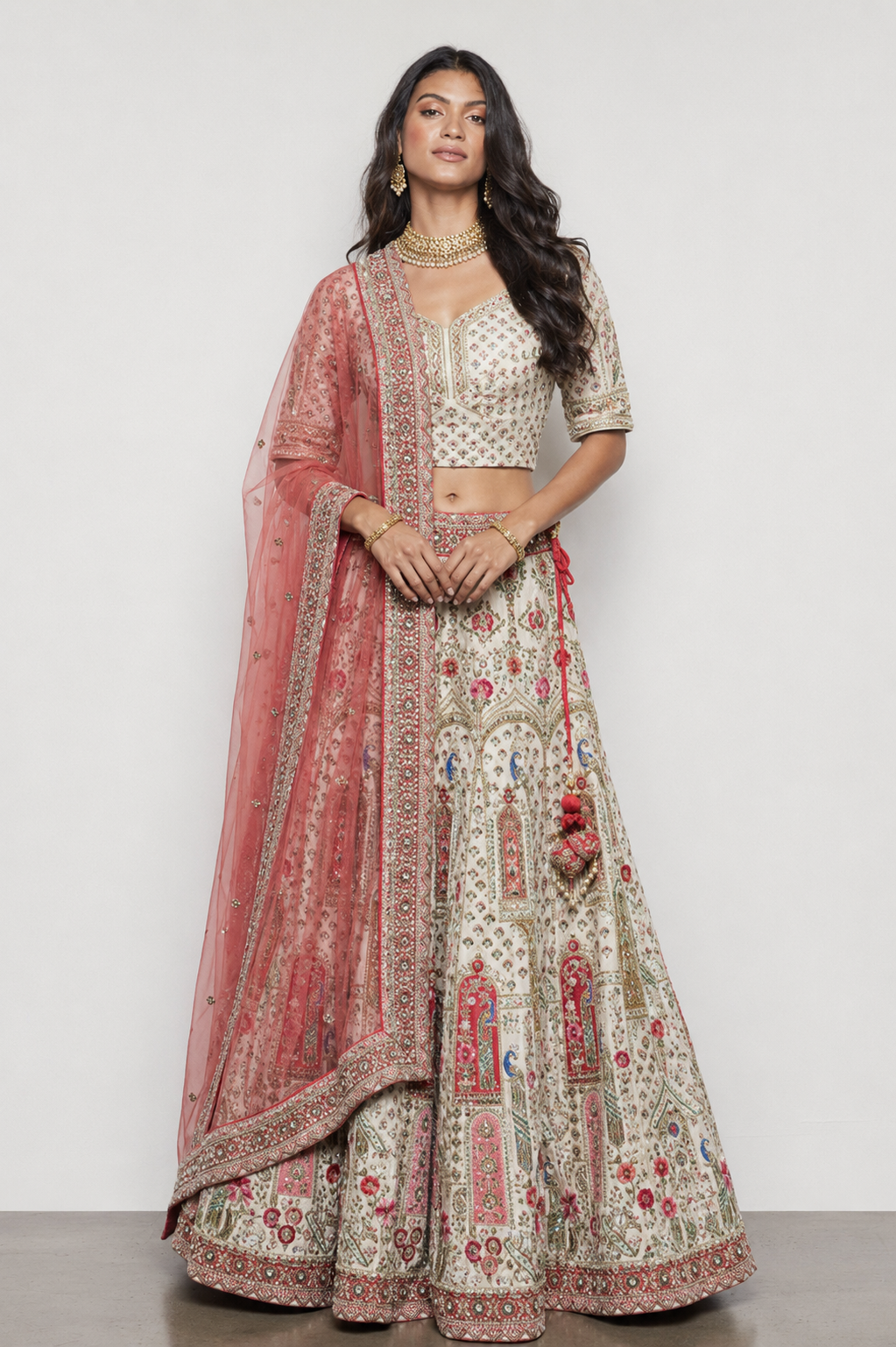 Cream Pure Raw Silk Bridal Lehenga with Moti, Kardana, Kashab, Sicon and Resham Handwork