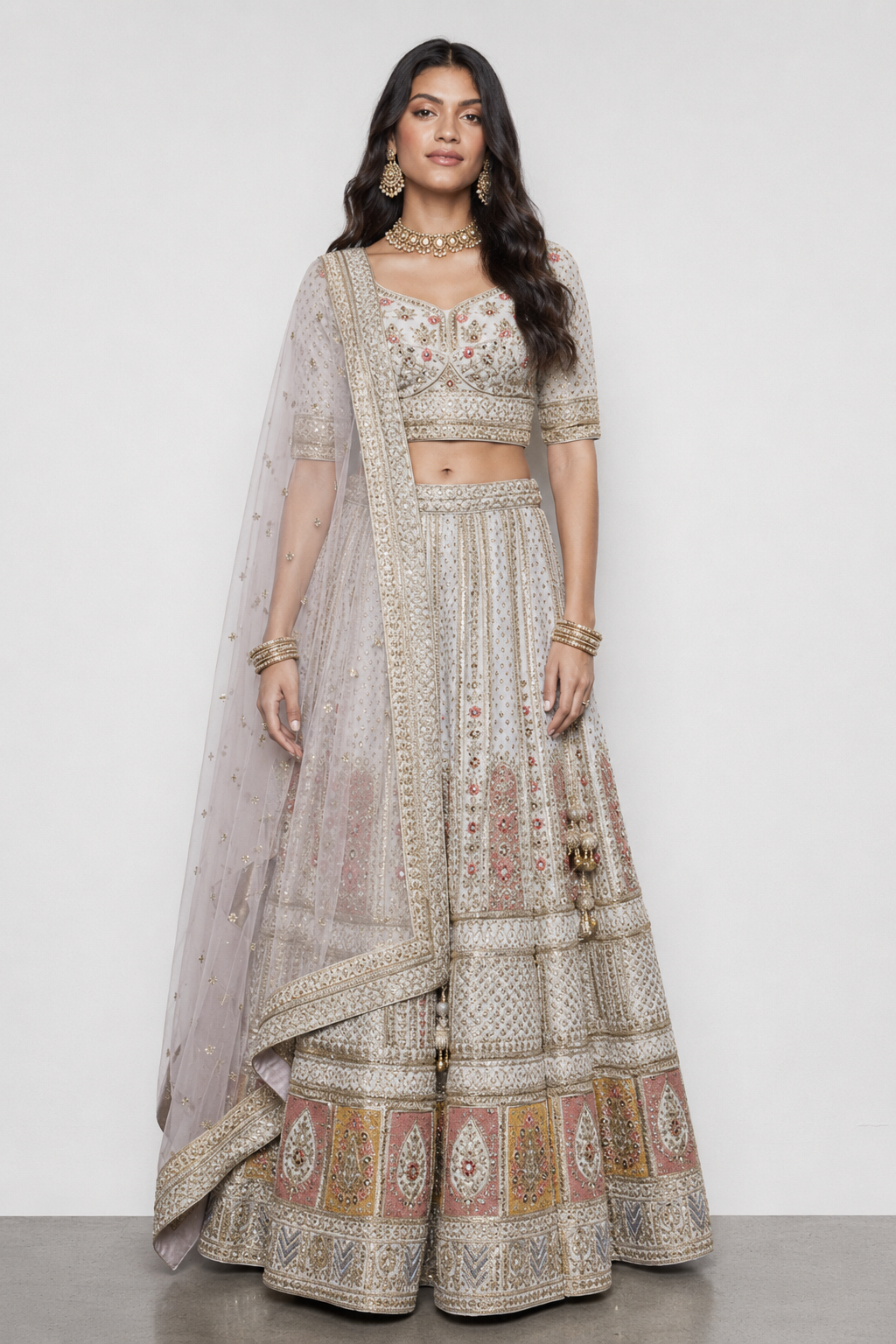 Cream Pure Raw Silk Bridal Lehenga with Sicon, Resham and Moti Work