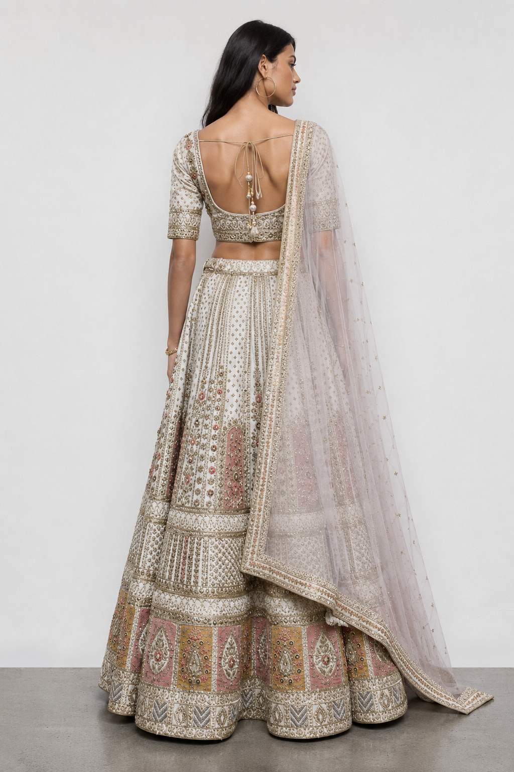 Cream Pure Raw Silk Bridal Lehenga with Sicon, Resham and Moti Work