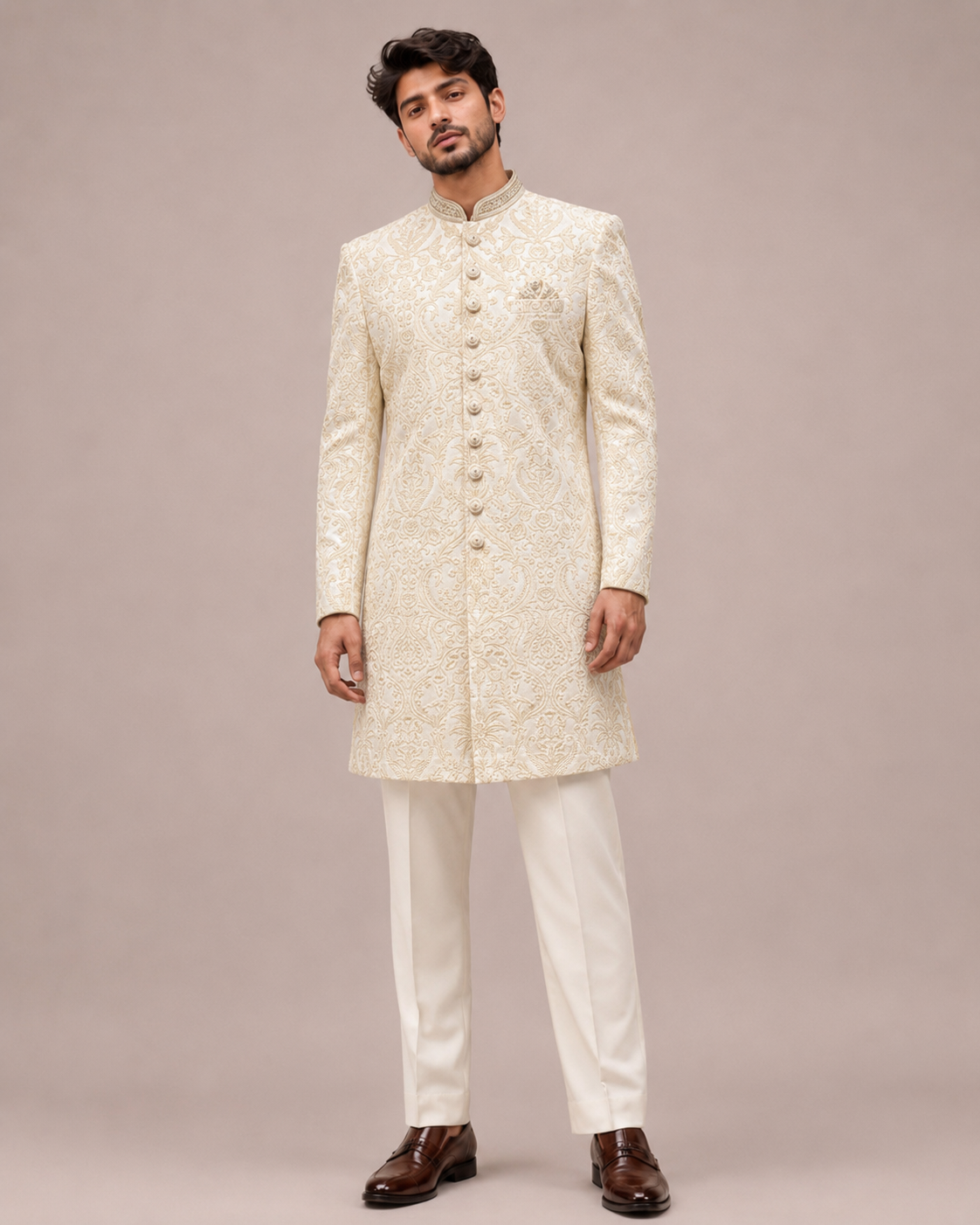 Cream Raw Silk Indo Western with Machine Thread Work