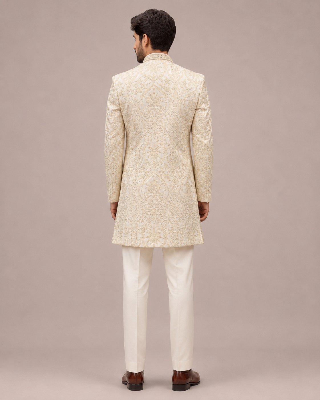 Cream Raw Silk Indo Western with Machine Thread Work