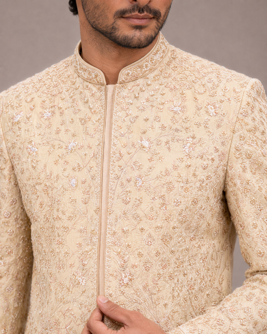 Cream Raw Silk Sherwani with Hand and Machine Work