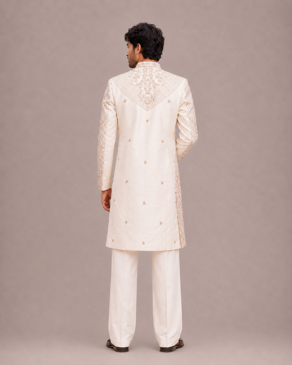 Cream Raw Silk Sherwani with Machine Embroidery and Kamar Belt