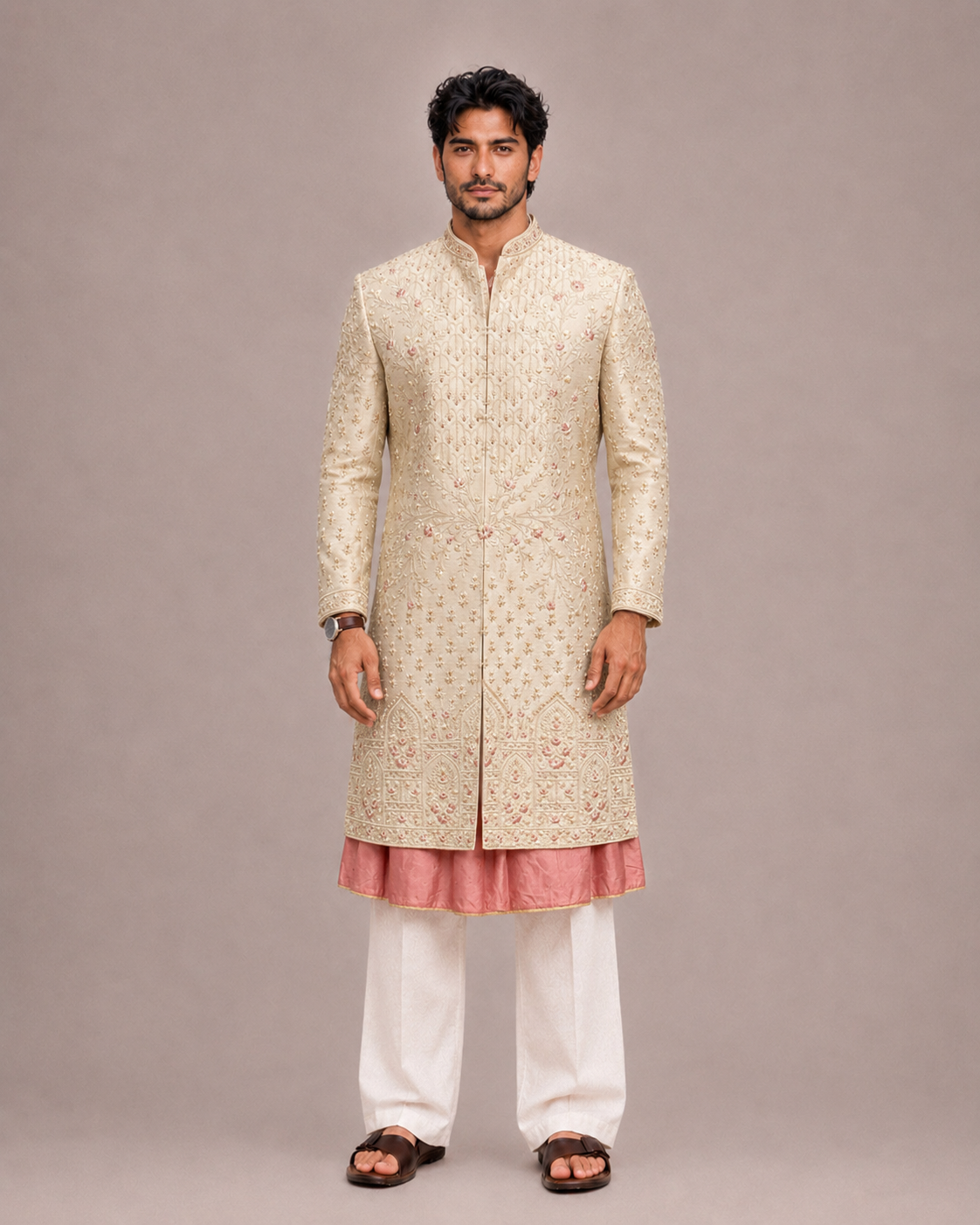Cream Raw Silk Sherwani for Men with Machine Work
