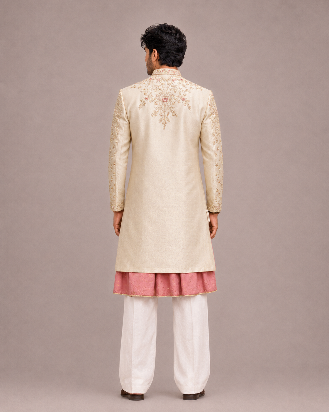 Cream Raw Silk Sherwani for Men with Machine Work