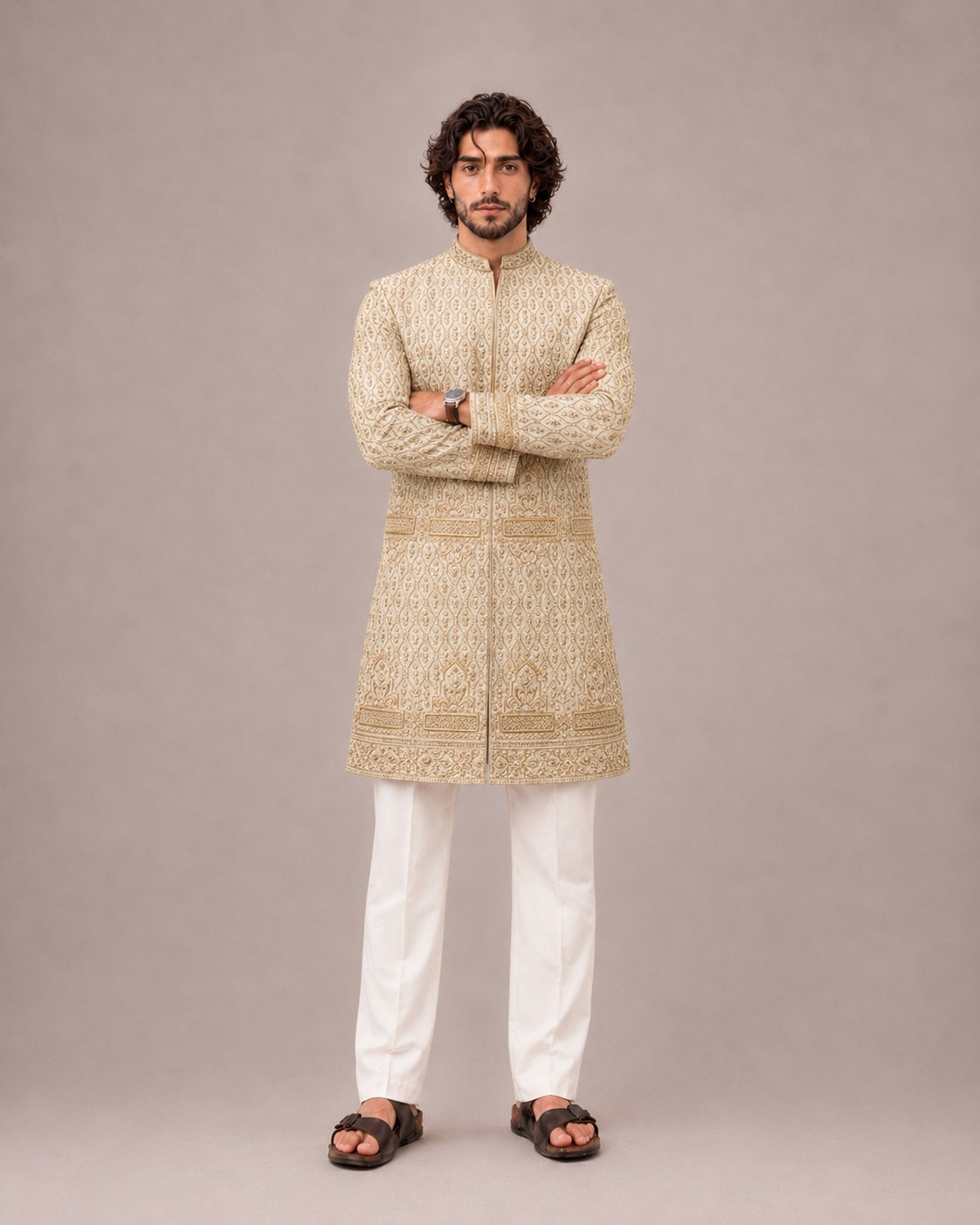 Cream Raw Silk Sherwani with Hand Work