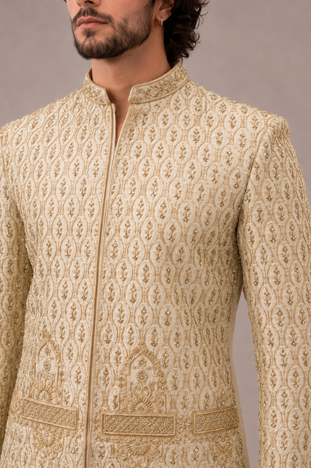 Cream Raw Silk Sherwani with Hand Work