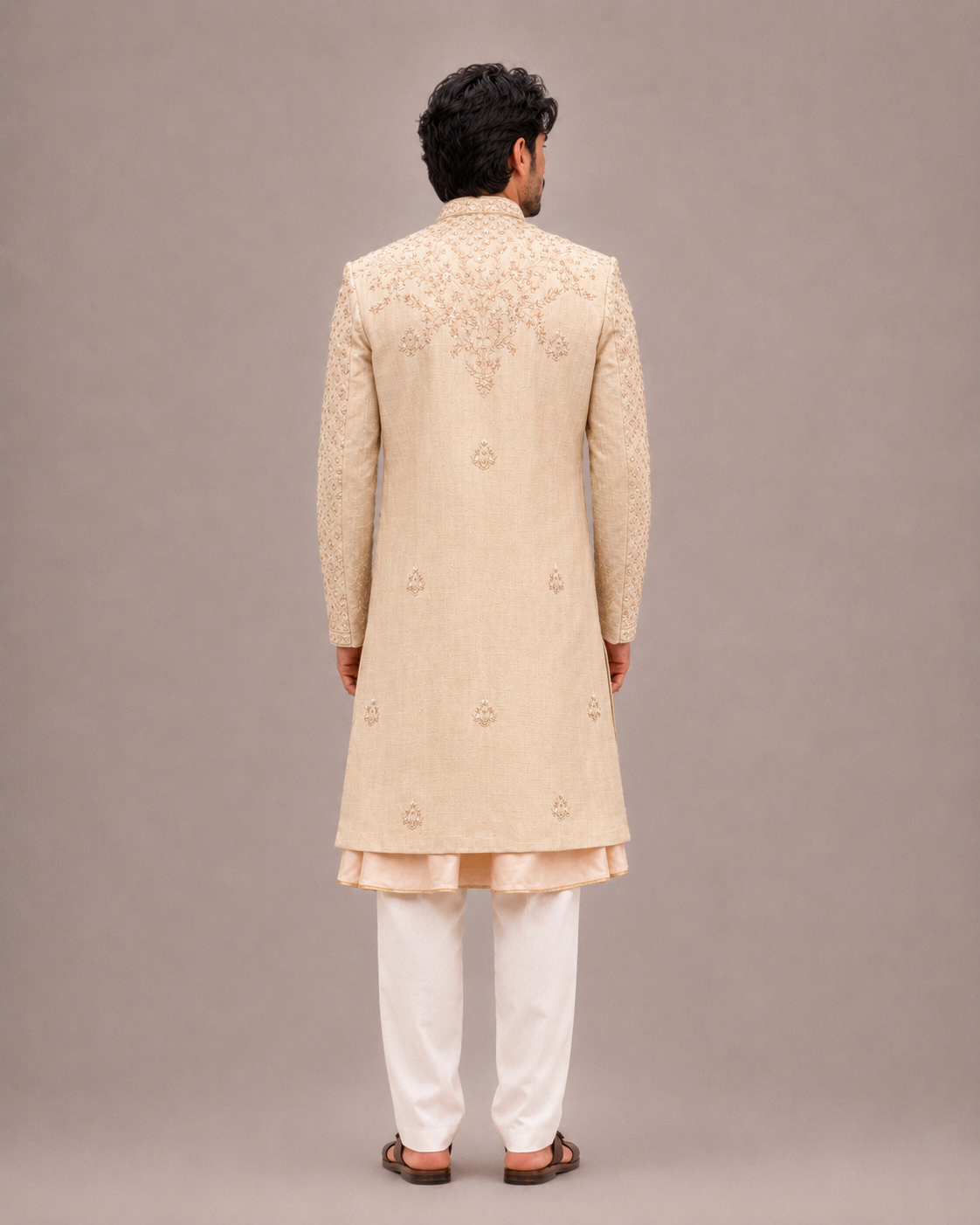 Cream Raw Silk Sherwani with Hand and Machine Work