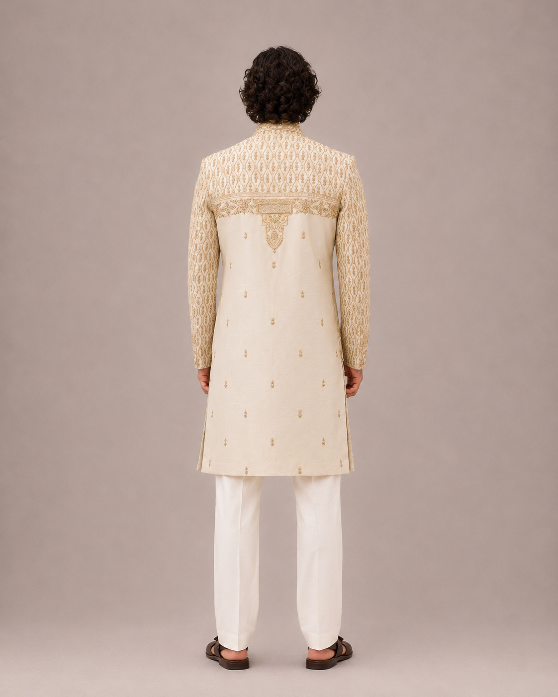 Cream Raw Silk Sherwani with Hand Work