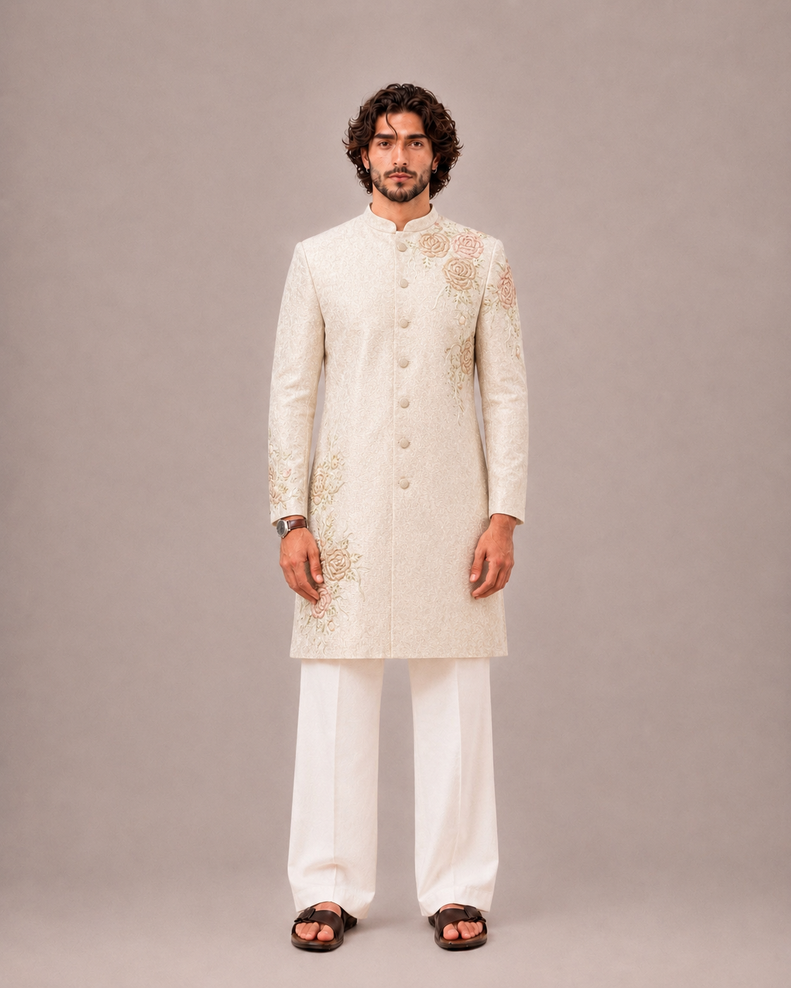 Cream Silk Brocade Sherwani for Men with Hand Work