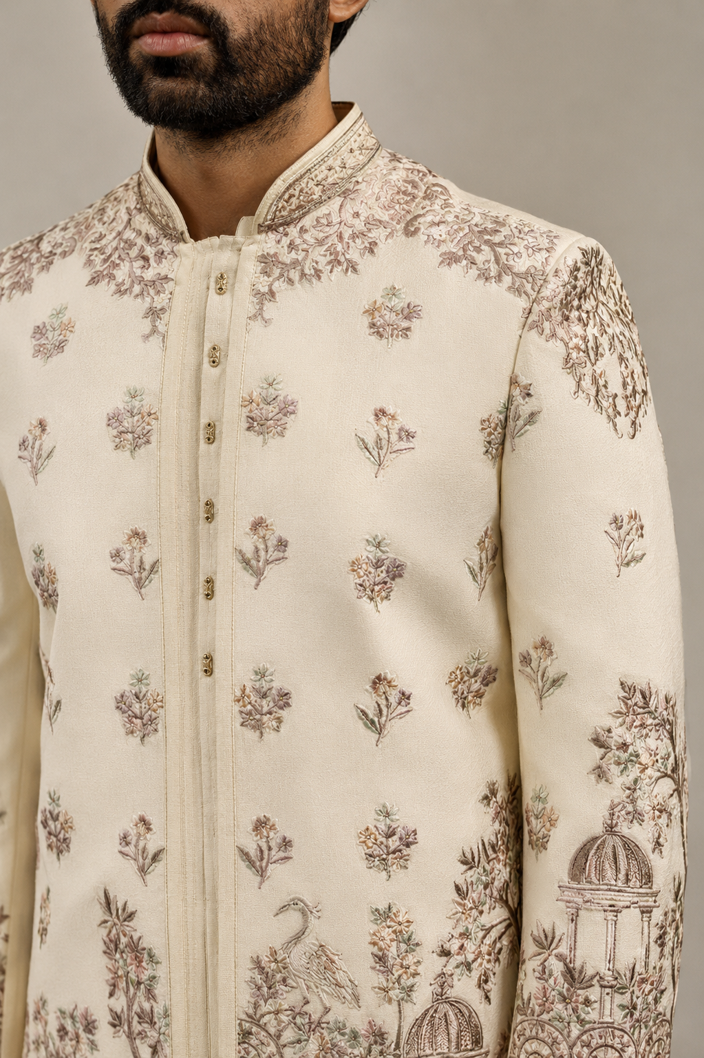 Cream Silk Indo Western for Men with Computer Embroidery Work