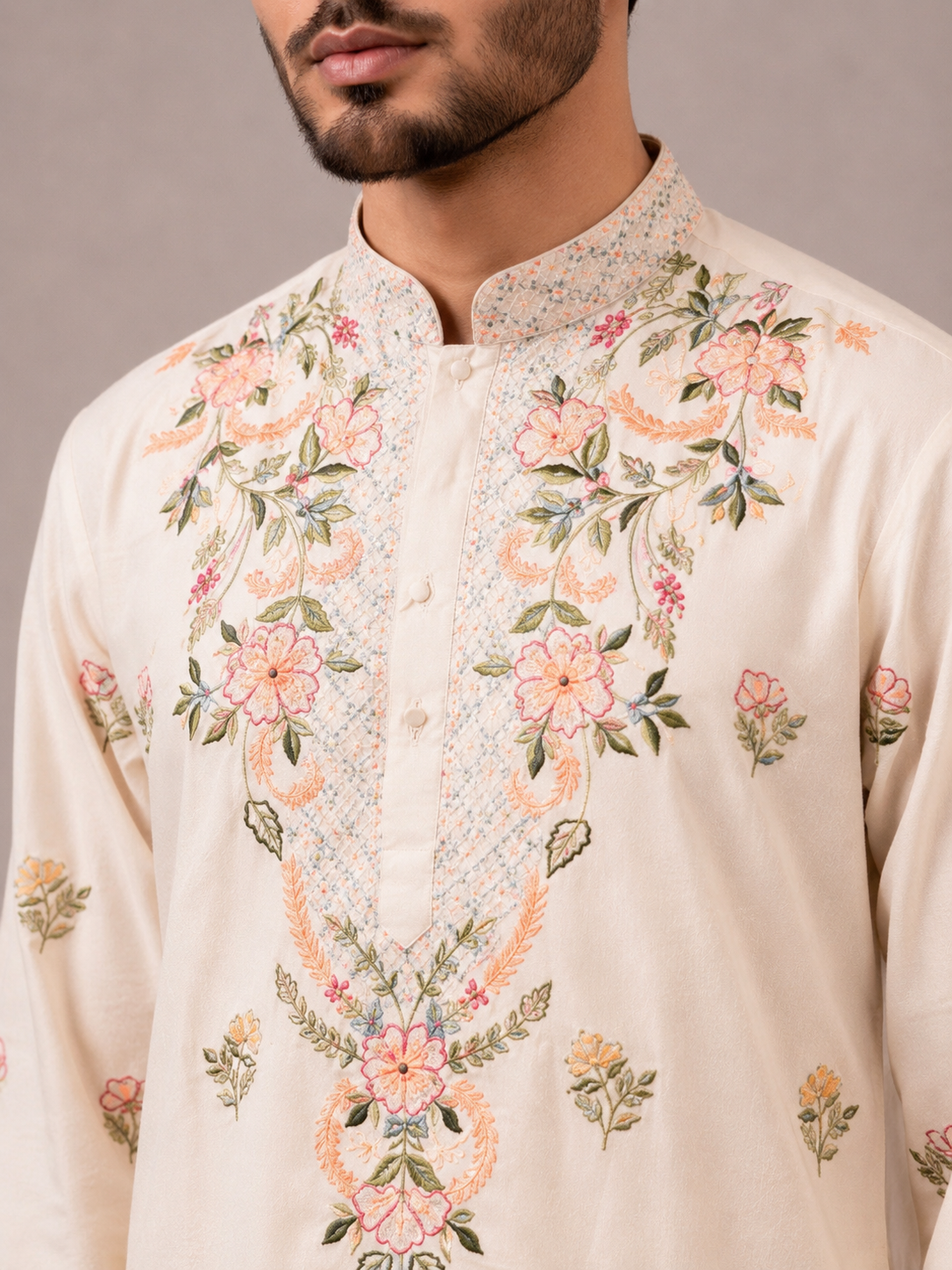 Cream Silk Kurta Set with Machine Embroidery Work
