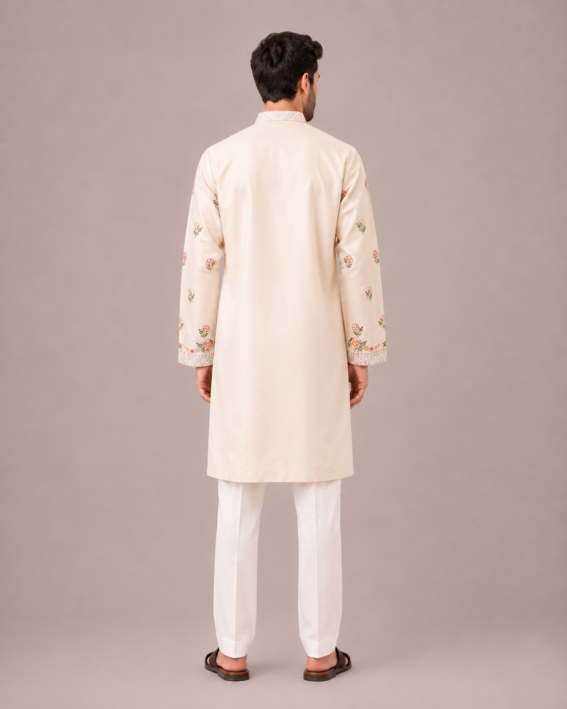 Cream Silk Kurta Set with Machine Embroidery Work