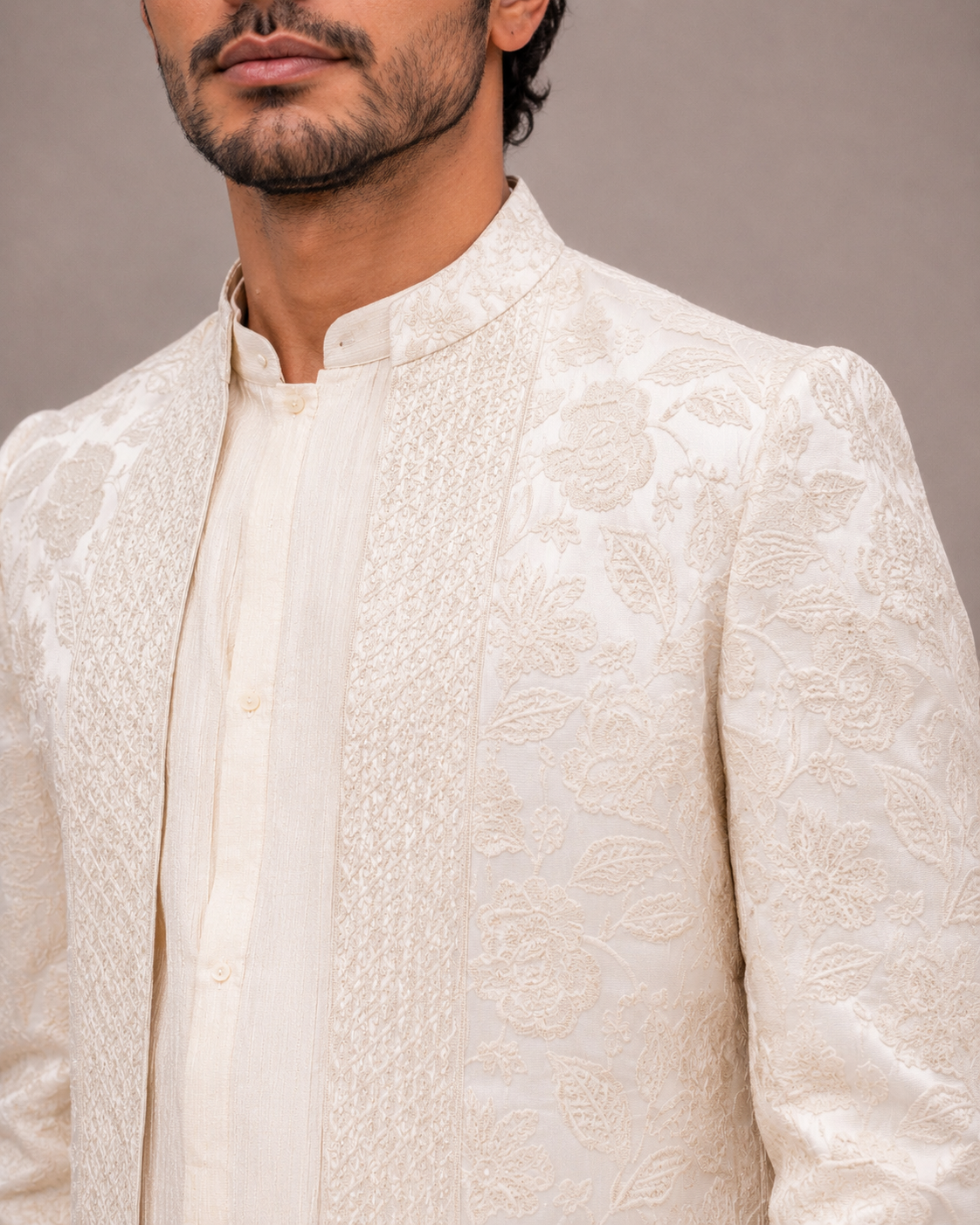 Cream Silk Open Jodhpuri with Machine Embroidery and Thread Work