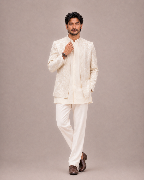 Cream Silk Open Jodhpuri with Machine Embroidery and Thread Work