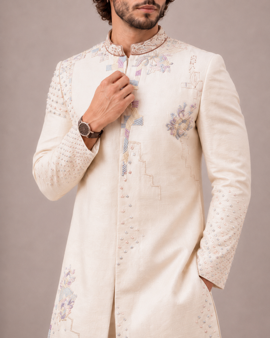 Cream Silk Sherwani and Dupatta with Hand Work
